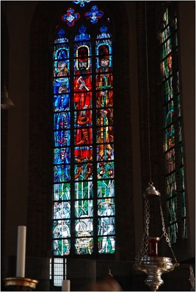 Hop pickers, stained glass, Poperinge, Belgium