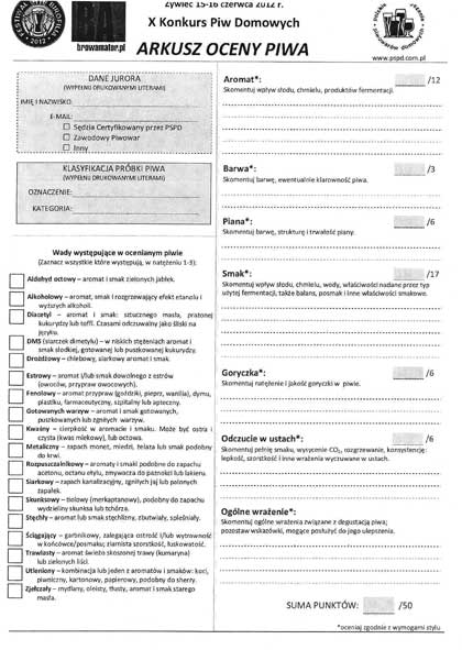 Polish Homebrewers Association Scoresheet